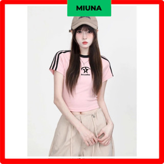Áo thun croptop tay ngắn thể thao Miuna cotton, Áo thun co giãn phối sọc cá tính năng động A95