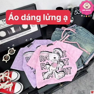 (10-40kg dưới 1m4) Set áo thun cotton form lửng in hoạ tiết thỏ hoạt hình phối quần sọc jean cá tính cho bé gái