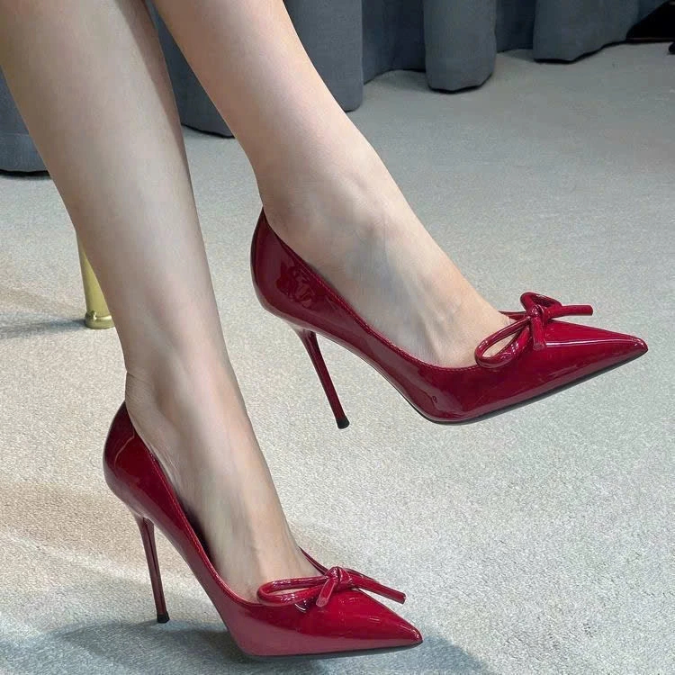 (Chân to tròn tăng 1 size) GIÀY CAO GÓT Chất Da Bóng Bít Gót Nơ Thắt cao 7cm-9cm dành cho Nàng đi chơi đi tiệc Shoes Nữ