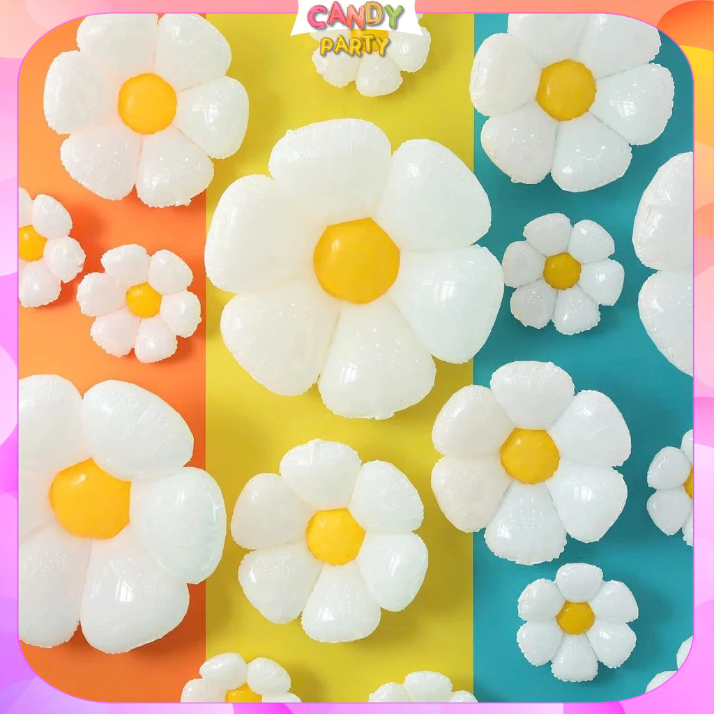 Bong Bóng Hoa Cúc Màu Trắng, Bóng Hoa Cúc Cầm tay, Bóng mũ nhiều hình,Bóng Trang Trí Sinh Nhật Nhiều Kích Cỡ BB6