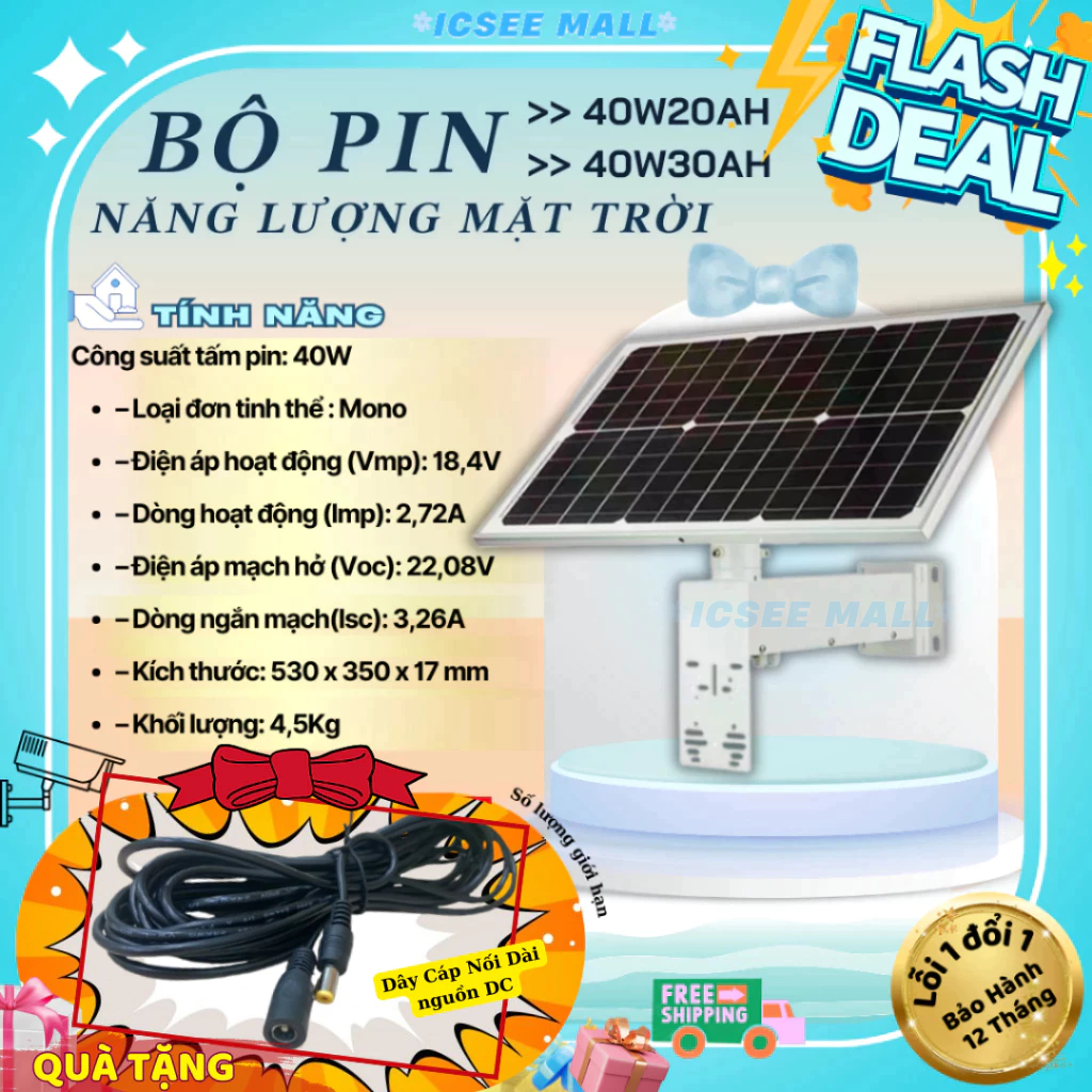 (MUA 1 TẶNG 1) Bộ pin năng lượng mặt trời 12V 40W-30AH Tặng dây nối dài Nguồn DC (Số lượng có hạn)