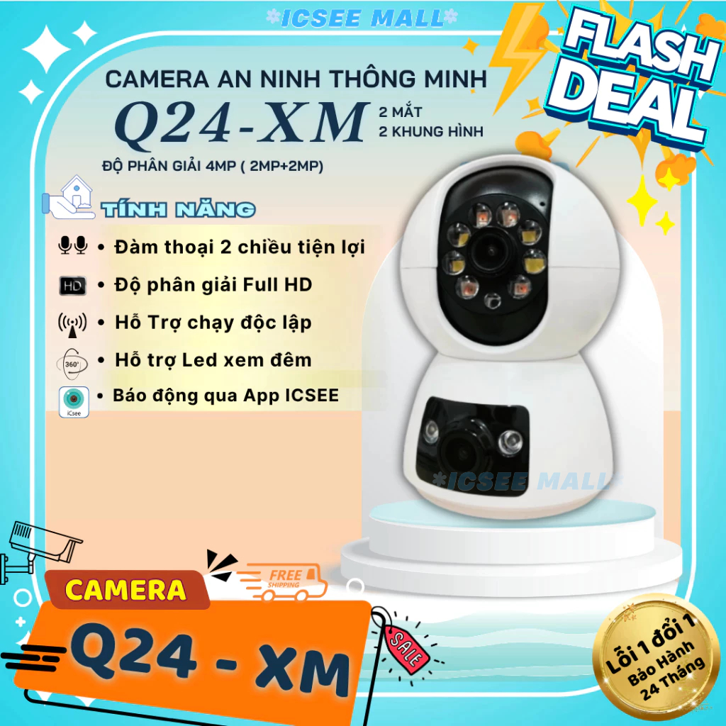 Camera trong nha Q24-XM ICSEE đàm thoại 2 chiều xoay chuyển động 360 độ ban  đêm có màu