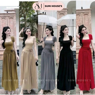 Đâm body nữ dáng xoè cổ vuông đính hoa eo thanh lịch - thun gân lạnh LD0811