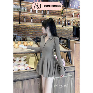 Đầm nữ tay dài cổ trụ cài nút dáng xòe ngắn dễ thương kèm quần ttrong - thun gân lạnh