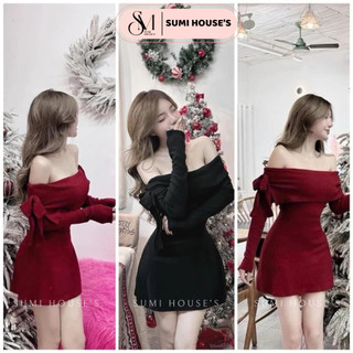 [ĐẦM TẾT] Đầm váy nữ trễ vai tay dài đính nơ form chữ A xòe nhẹ chất thun gân
