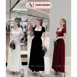 Đầm body dáng xòe cổ vuông tay ngắn thanh lịch - thun gân lạnh