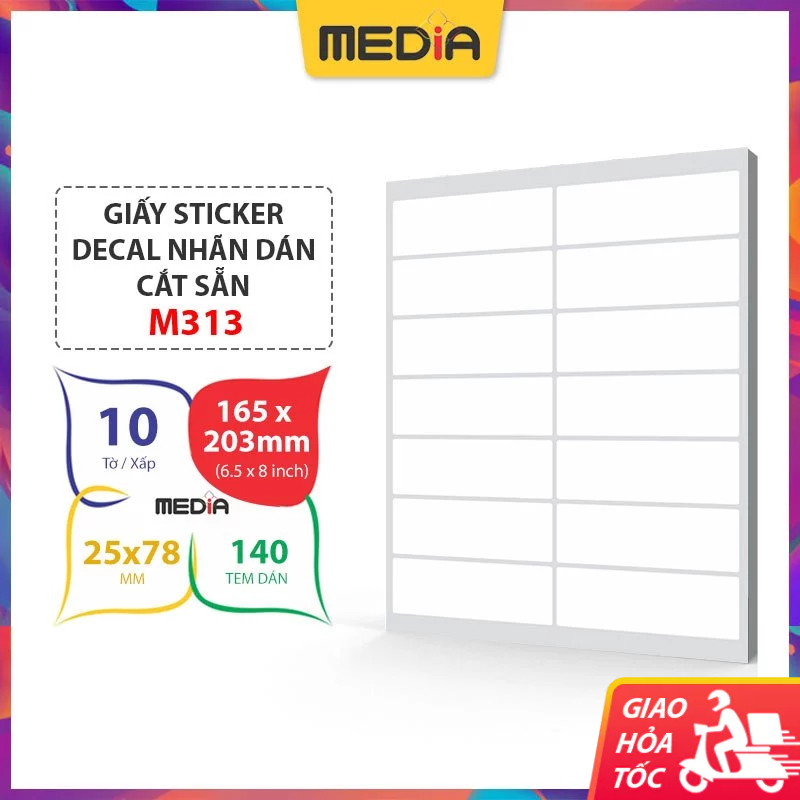 Giấy Decal Media M313 (25x78) Xấp 10 Tờ, Giấy Dán Ghi Chú A5 Sticker In Tem Nhãn Dán Decal Tomy A5