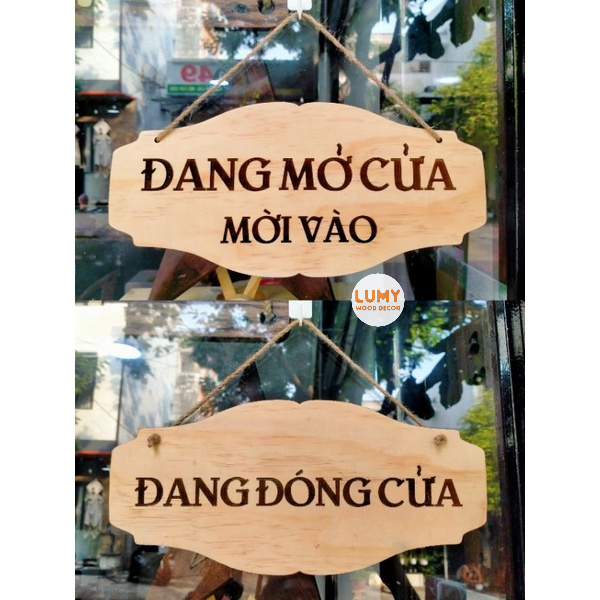 Bảng gỗ khắc laser 2 mặt nội dung "đang mở cửa/đang đóng cửa" mẫu sang trọng + tặng kèm dây treo