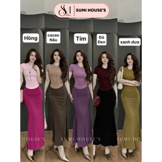 Set áo cổ tròn tay ngắn vạt bầu kèm chân váy đuôi cá dáng dài tôn dáng - Thun gân lạnh AC741 Sumi House
