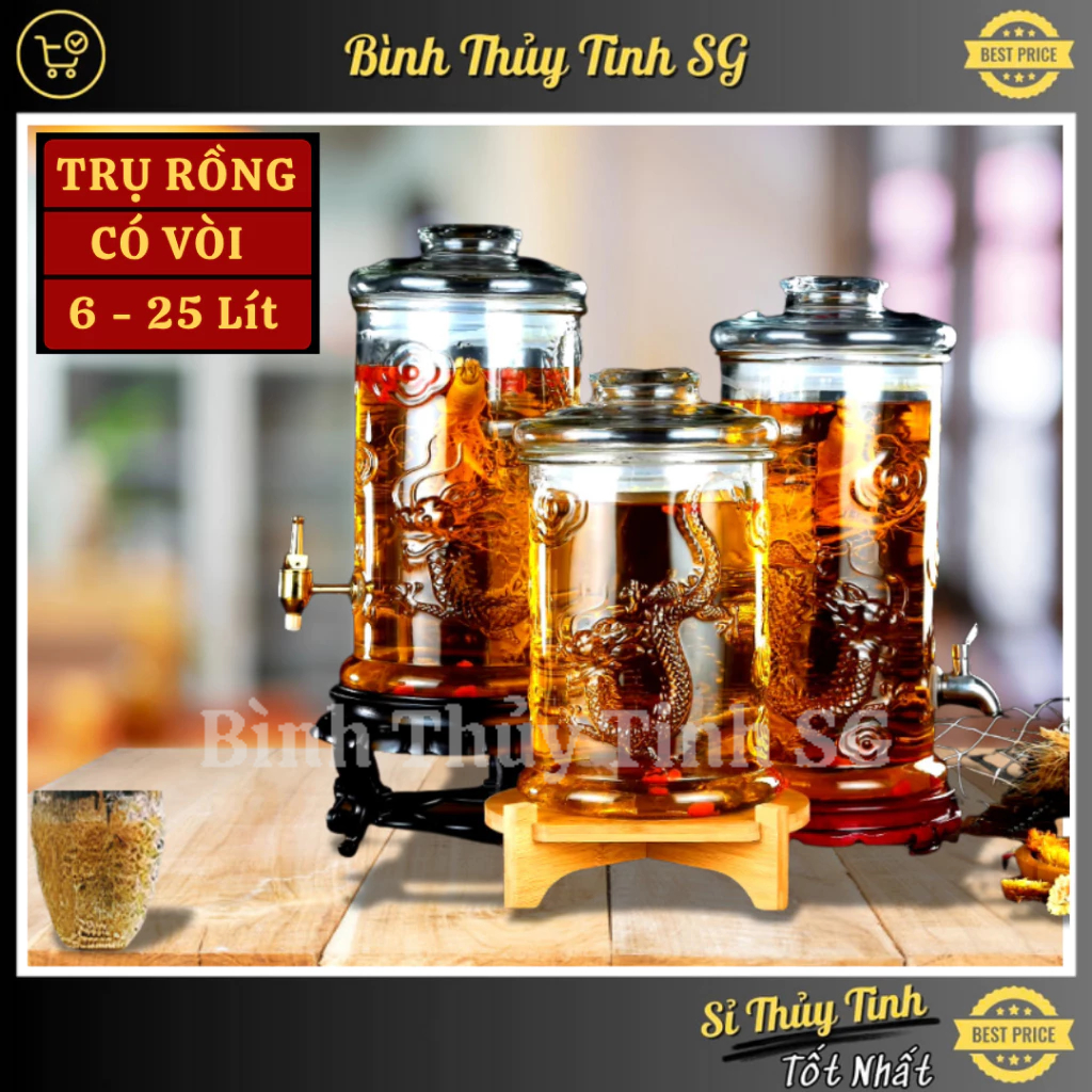 Bình Ngâm Rượu Sâm Thủy Tinh Trụ Rồng 6L 8L 10L 12L 15L 19L 22L 25L Có Vòi 6 8 10 12 15 19 22 25 Lít