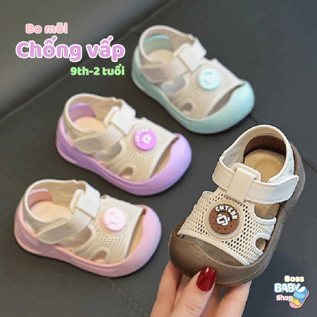 Sandal Tập Đi Cho Bé 0-2 Tuổi Nhựa Dẻo Mềm Dạng Lưới Chống Trơn Thoáng Khí Quai Dán CuteBB (912 new)