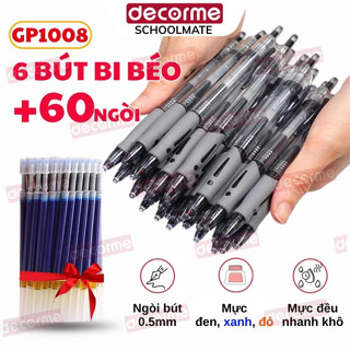  6 Bút + 60 Ngòi Bút Bi Béo GP1008 Bút Gel Mực Xanh Đen Đỏ Bút Bấm Có Đệm Tay Mềm Viết Trơn Mượt Dành Cho Học Sinh 