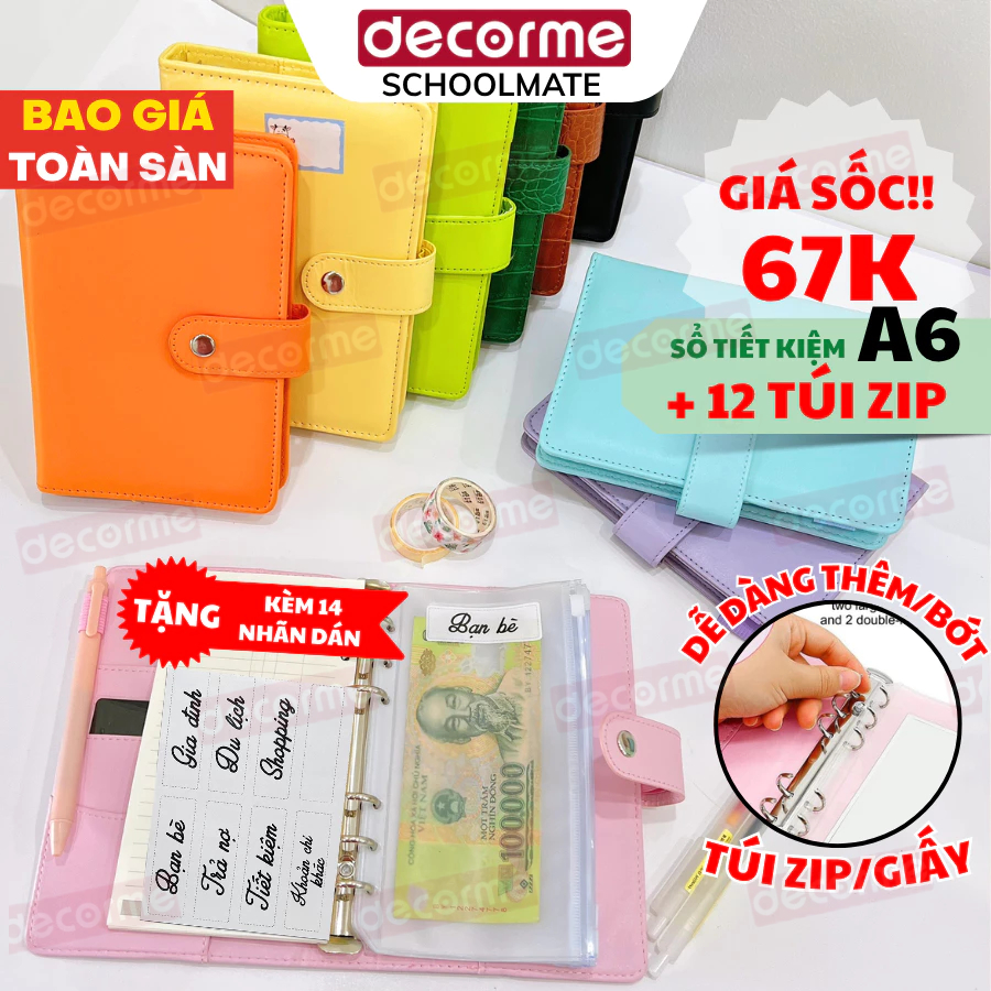 Sổ tiết kiệm đựng tiền DecorMe sổ chi tiêu tiết kiệm thông minh bìa Cá sấu A6 có túi zip tiện dụng a