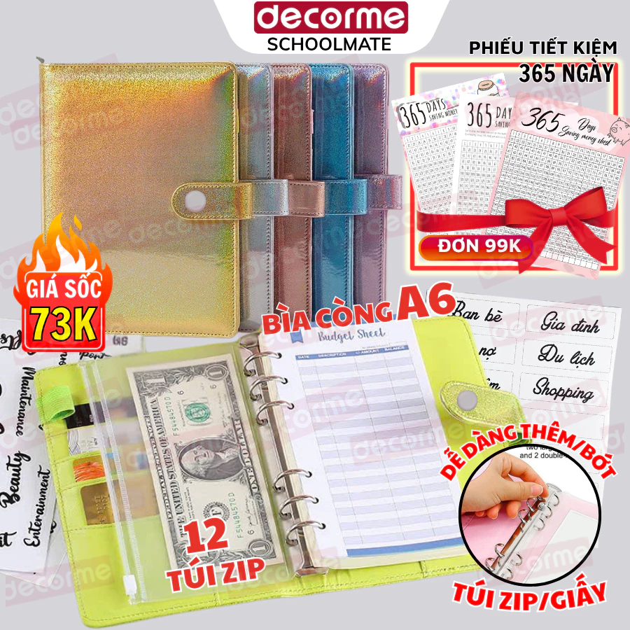 Sổ tiết kiệm Da Cát DecorMe sổ tiết kiệm tiền có túi zip có thể lắp thêm giấy refill A6 ghi chép alb
