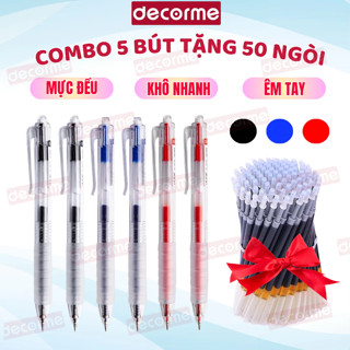  Set 5 bút 50 Ngòi Bút gel bấm Basic mực đen xanh đỏ 0.5mm tặng 10 ngòi DecorMe Bút gel bấm dành cho học sinh 