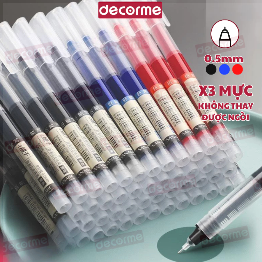 Bút ống lớn ngòi kim x3 mực set 20 bút nước Decorme 3 màu đen xanh đỏ 0.5mm viết mực đẹp nét chữ đều Snowhite