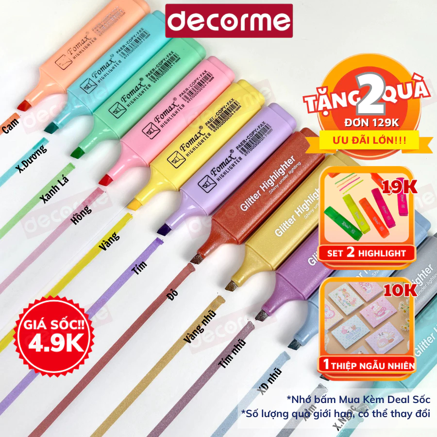 Bút highlight Decorme 18 màu bút đánh dấu highlight dạ quang nhiều màu bút nhũ nhớ dòng tiện dụng cho học sinh văn phòng