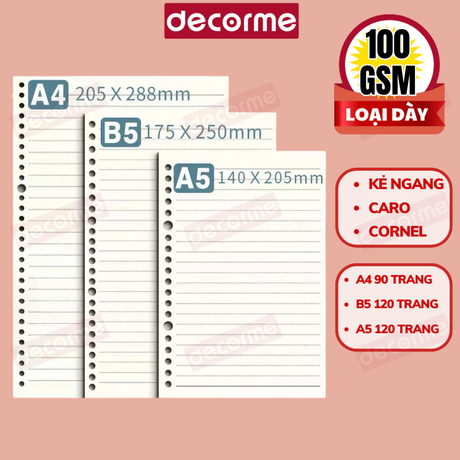 Giấy sổ còng Decorme giấy refill ruột sổ còng A5 B5 A4 20 26 30 lỗ giấy refill caro 6*6mm phù hợp viết chữ tếng Việt