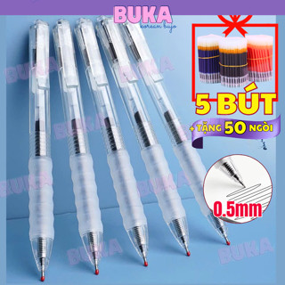 Bút gel Basic 5 bút kèm 50 ngòi mực đen xanh đỏ ngòi 0.5mm Buka viết gel bấm dành cho học sinh
