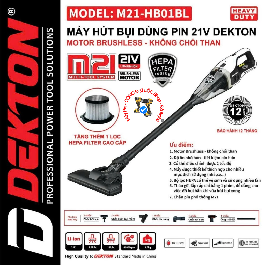 Máy hút bụi Cầm Tay dùng pin CHÂN PHỔ THÔNG THỒNG DỤNG Dekton M21-HB01BL