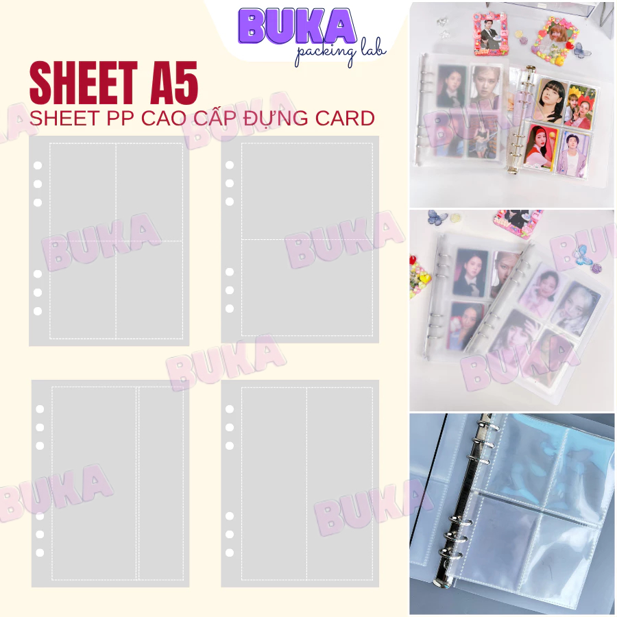 Sheet A5 chứa ảnh nhiều kích thước trong suốt A5 6 lỗ đựng card, banner, strip cho binder Buka chuyê