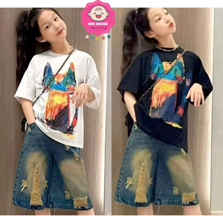 (19-52kg) Set áo thun cotton hoạ tiết mèo loang phối QUẦN NGỐ RÁCH cá tính cho bé trai và bé gái