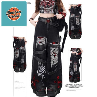   SẴN M+L  Quần jeans rách phong cách punk thích hợp cho nữ mùa hè dáng rộng phong cách retro quần ống rộng 