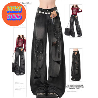  Quần jeans phối túi hộp rách cá tính mùa hè mới cạp cao rộng rãi ôm vừa vặn quần ống rộng ống đứng 