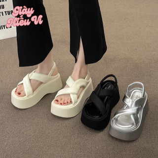 Dép sandal đế cao su đúc 7cm quai chéo có chun điều chỉnh