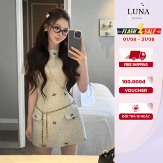 Váy dạ tiểu thư dự tiệc sang chảnh luna design thiết kế cổ tròn cộc tay dáng suông kèm đai thắt eo có bảo hộ đi hẹn hò
