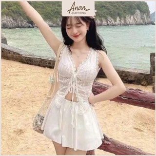 SÉT ÁO CÁNH TIÊN XÔ REN VẠT CHÉO CỘT NƠ PHỐI CHÂN VÁY NGẮN