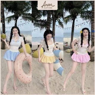 Set bikini đi biển, kèm áo thun tay ngắn, áo bra, quần bí màu pastel dễ thương