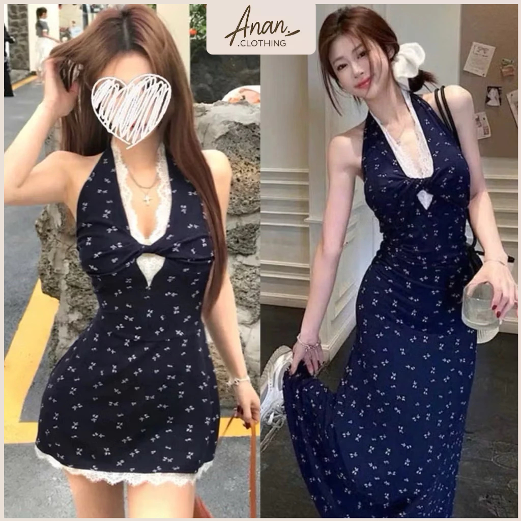  Đầm body cổ yếm xoắn phối viền ren xanh navy họa tiết hoa nhí dáng ngắn - dài 