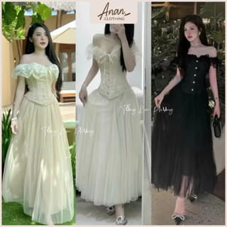 Set áo gấm cánh tiên trễ vai đan dây corset eo phối chân váy maxi tơ lưới bồng bềnh