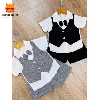  combo 2 bộ quần áo gi lê cho bé trai  xám + đen  vải lụa size 8kg đến 23 kg cho bé dưới 4.5 tuổi 