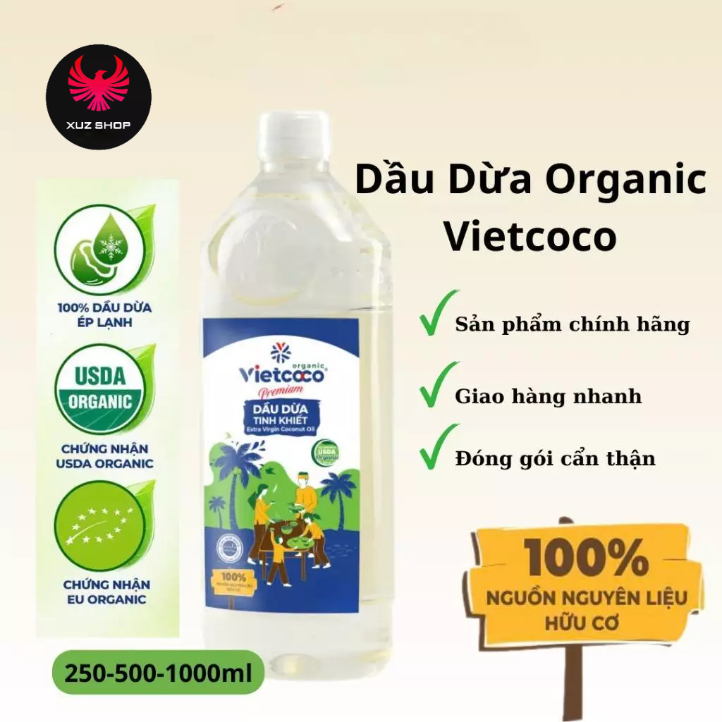 Dầu Dừa Vietcoco 100% Organic – Dưỡng Da, Tóc, Tẩy Trang, Massage Toàn Diện