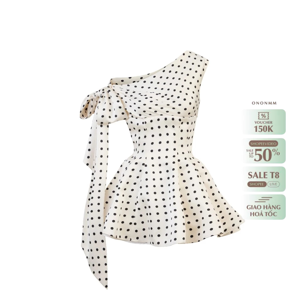ONONMADE Đầm Ngắn Lệch Vai Phối Lụa Chấm Bi Veil Dress