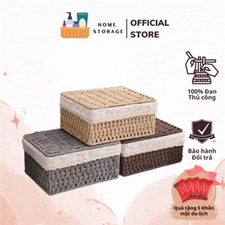 Giỏ mây có nắp đựng đồ, đựng mỹ phẩm, đựng đồ ăn vặt để bàn, decor chụp ảnh sản phẩm lót vải vintage