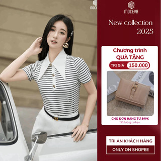   DEAL GIÁ TỐT  Áo thun có cổ nhọn nữ cộc tay công sở dáng ngắn form vừa ôm body MOCEVA  sọc trắng đen 