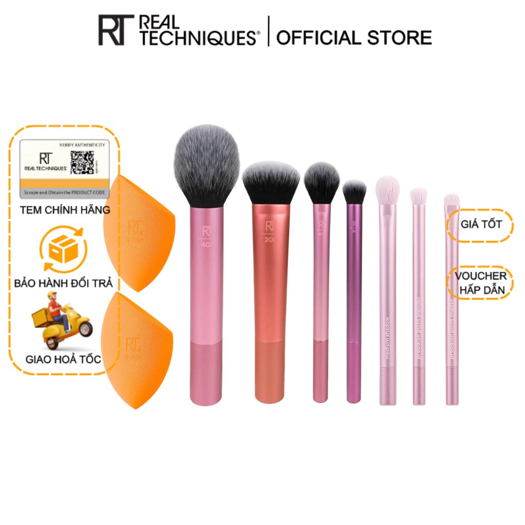 Bộ cọ đầy đủ RT Real Techniques Everyday Essentials (Plus) kết hợp bộ 3 cây mắt RT Real Techniques D