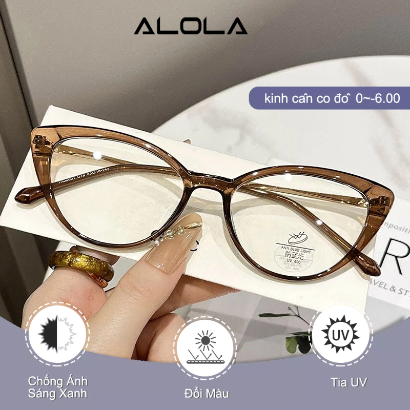 Kính Giả Cận Nữ ALOLA Mắt Mèo Chống Ánh Sáng Xanh Tia UV Đổi Màu Khi Ra Nắng -1.0/-2.0/-3.0/-4.0/-5.0/-6.0