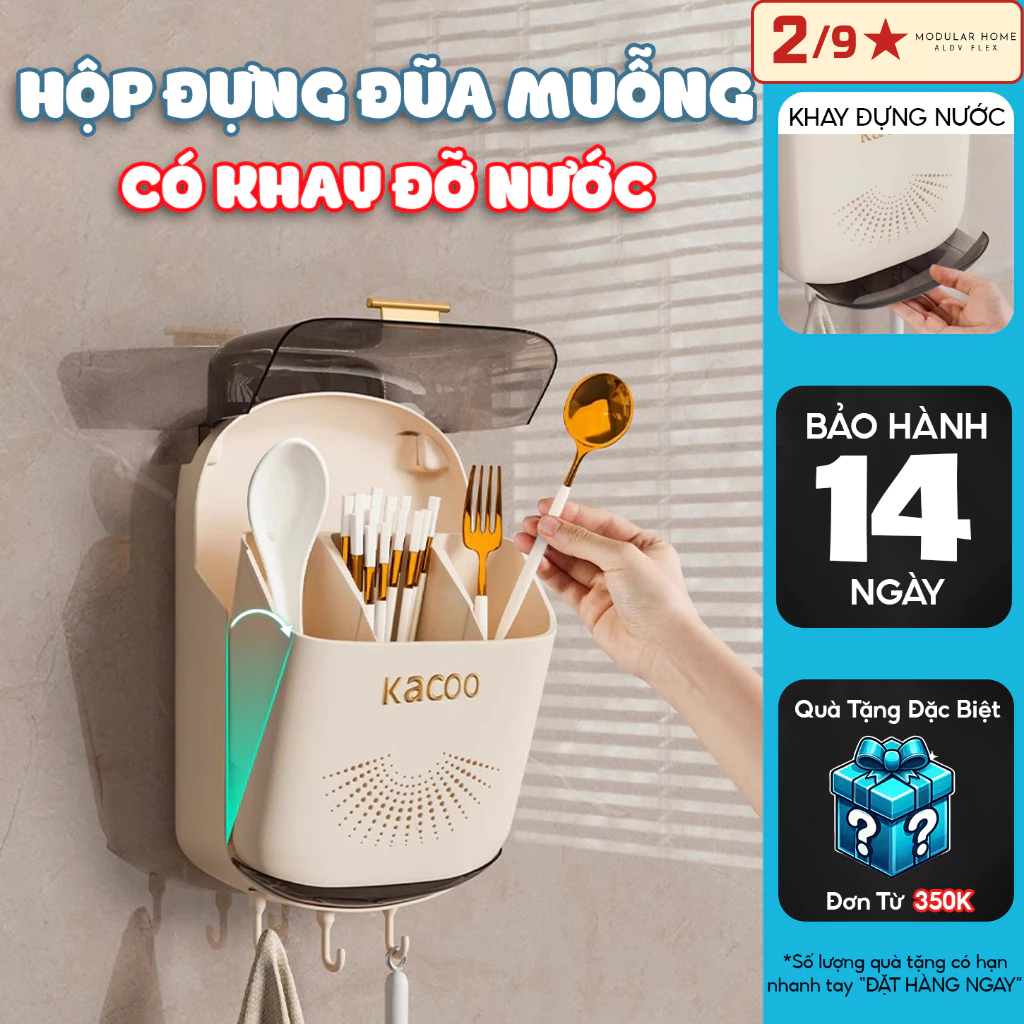 Hộp Đựng Đũa Muỗng Treo Tường Cao Cấp Có Khay Đỡ Nước - Ống đựng đũa gắn tường có nắp đậy 31x20x8 cm