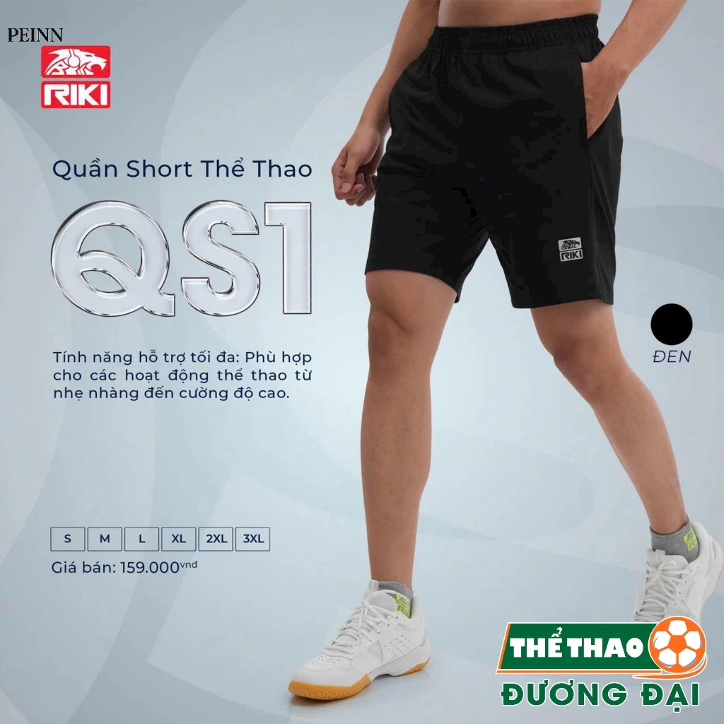   Peinn  Quần Sort Thể Thao Riki QS01 Đen Vải Thun Thoáng Mát Thể Thao Đương Đại 