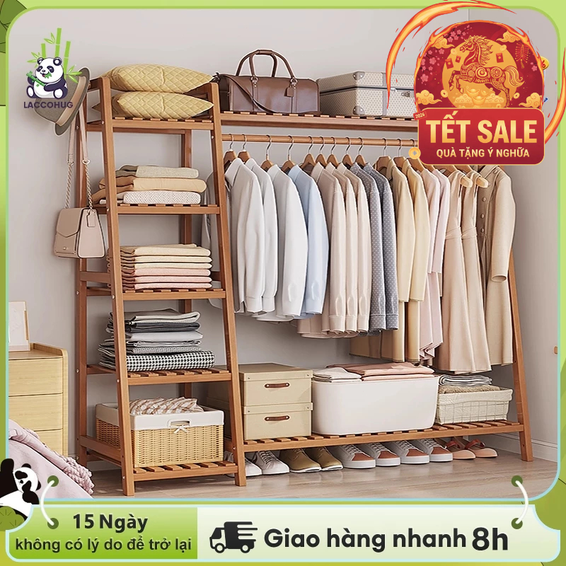 Kệ quần áo kệ treo quần áo và mũ tre đa tầng phân vùng 2 màu gỗ/nâu chọn lựa tiết kiệm không gian | BigBuy360 - bigbuy360.vn