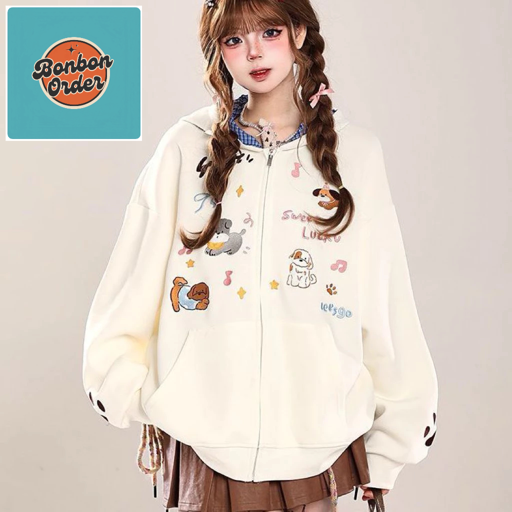 [SẴN BE S] Áo khoác nỉ có mũ kiểu Mỹ thêu hình chú cún con, họa tiết kẻ caro, dáng rộng, đa năng, dễ thương