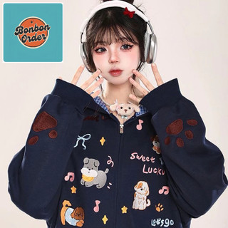 [SẴN BE S] Áo khoác nỉ có mũ kiểu Mỹ thêu hình chú cún con, họa tiết kẻ caro, dáng rộng, đa năng, dễ thương