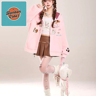 [SẴN BE S] Áo khoác nỉ có mũ kiểu Mỹ thêu hình chú cún con, họa tiết kẻ caro, dáng rộng, đa năng, dễ thương
