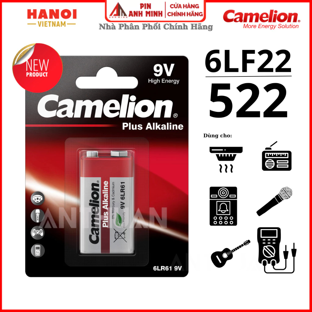 Pin vuông 9V Camelion 6LR61 Alkaline  – Dùng cho Micro,Đầu báo khói,Thiết bị điện Tử, đàn guitar