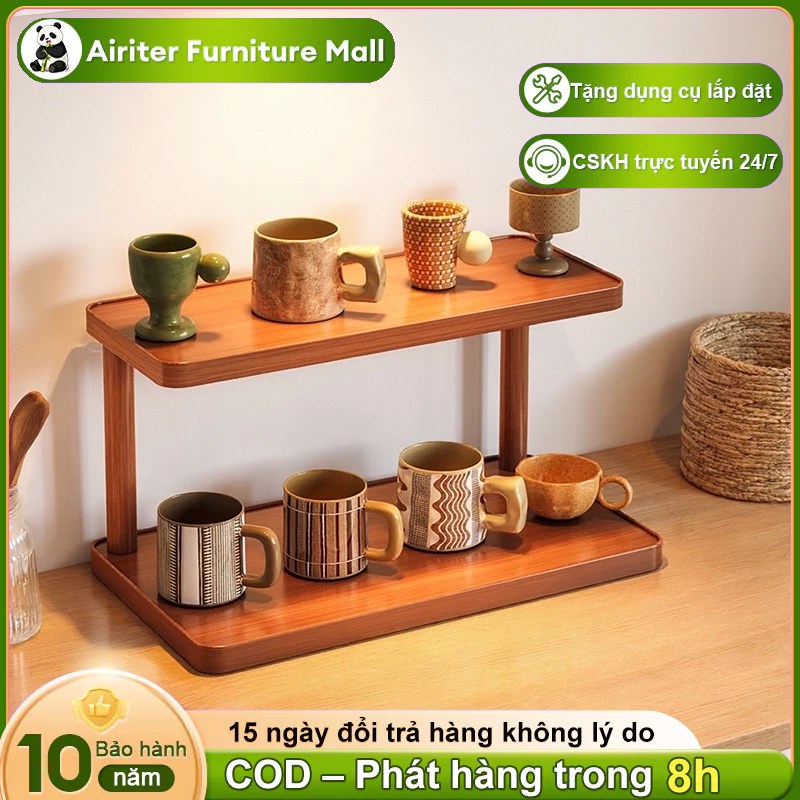 Kệ để đồ giá đỡ bàn tre kép tầng giá treo cốc thiết kế an toàn góc bo tròn chống ẩm và chống nấm mốc