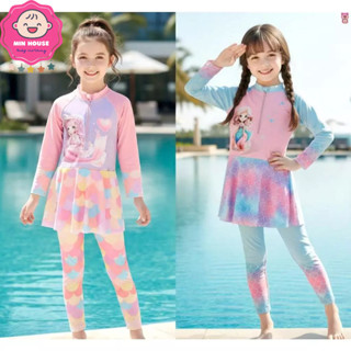 (10-42kg dưới 1m55) Đồ bơi, bikini 2 mảnh áo tay dài liền váy phối quần dài kèm nón cho bé gái diện đi biển, đi bơi